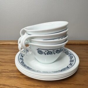 Vintage Corelle Coffee Tea Cup & Saucer Old Town Blue Onion Set Of 4 Hook Handle